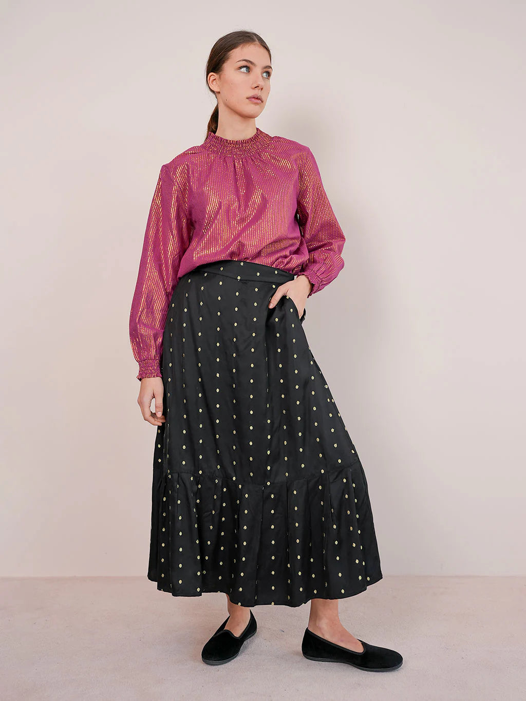 DAFFODILE SKIRT black with lurex dots – eleganter, verspielter Midirock