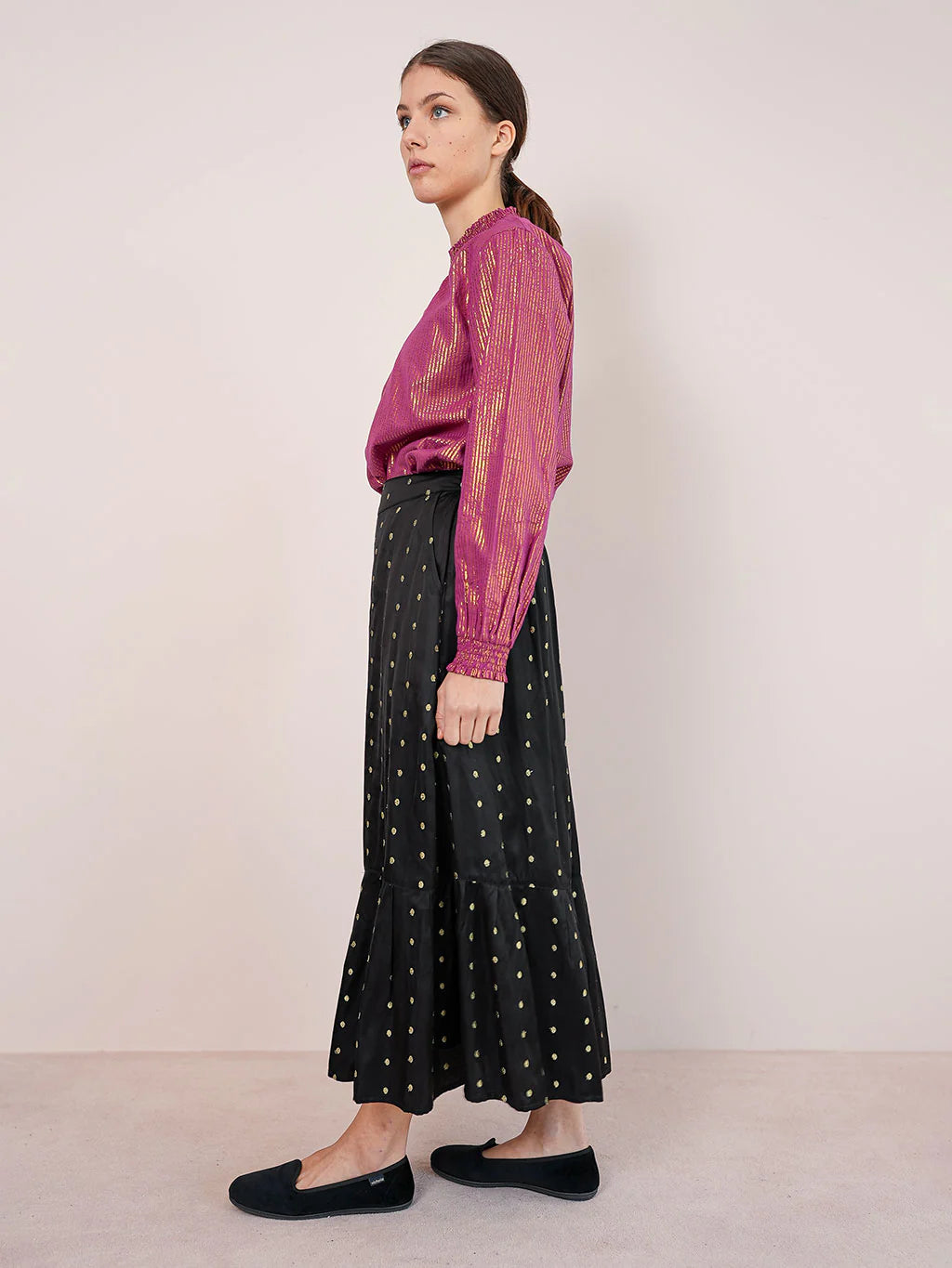 DAFFODILE SKIRT black with lurex dots – eleganter, verspielter Midirock