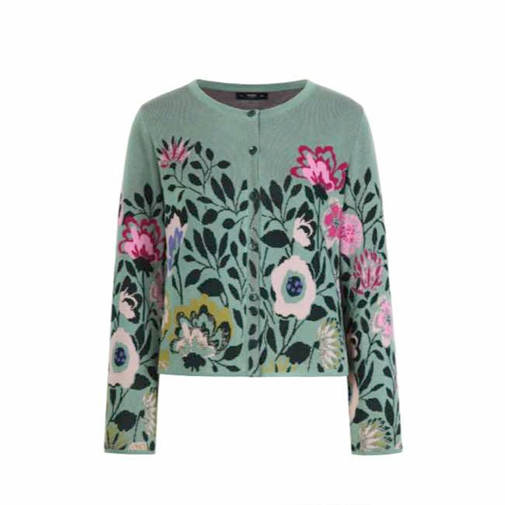 Strickjacke mit O-Ausschnitt und Floralem Motiv in Lindgrün