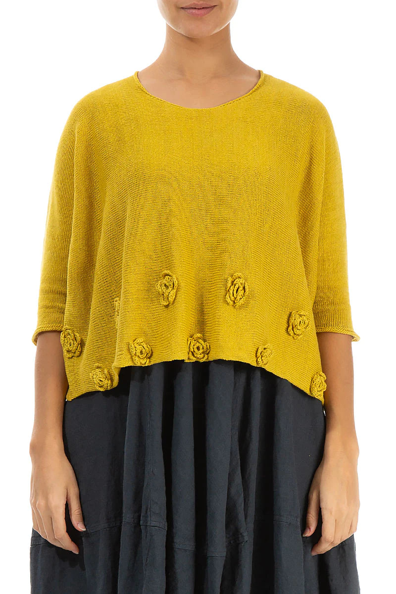 Mit Blumen verzierter Leinenpullover in Honey