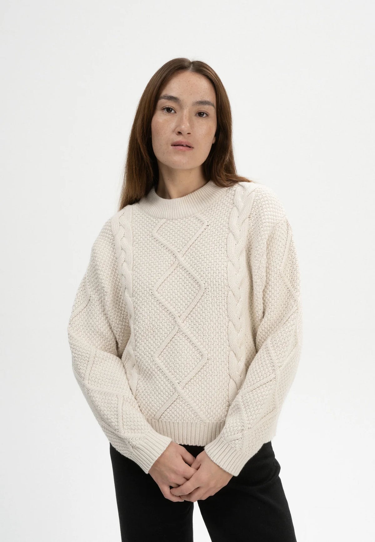 Damen Zopfmuster Strickpullover cream melange Style SAMAIRA