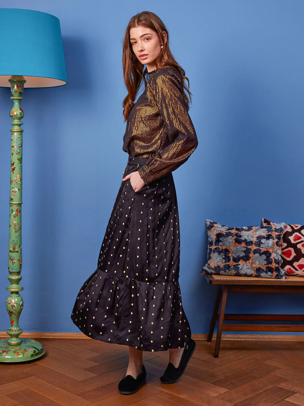 DAFFODILE SKIRT black with lurex dots – eleganter, verspielter Midirock