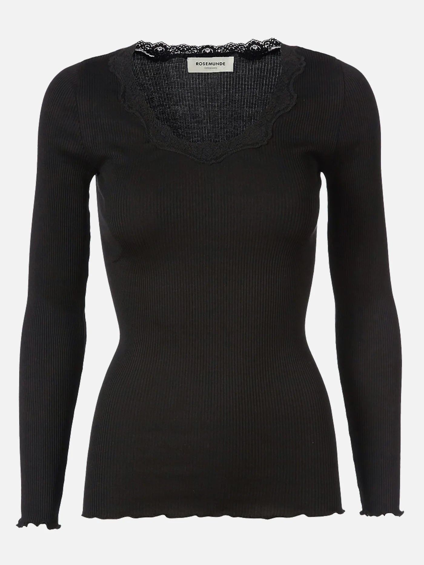RWBabette Seiden-T-Shirt mit langem Arm und U-Ausschnitt aus Spitze