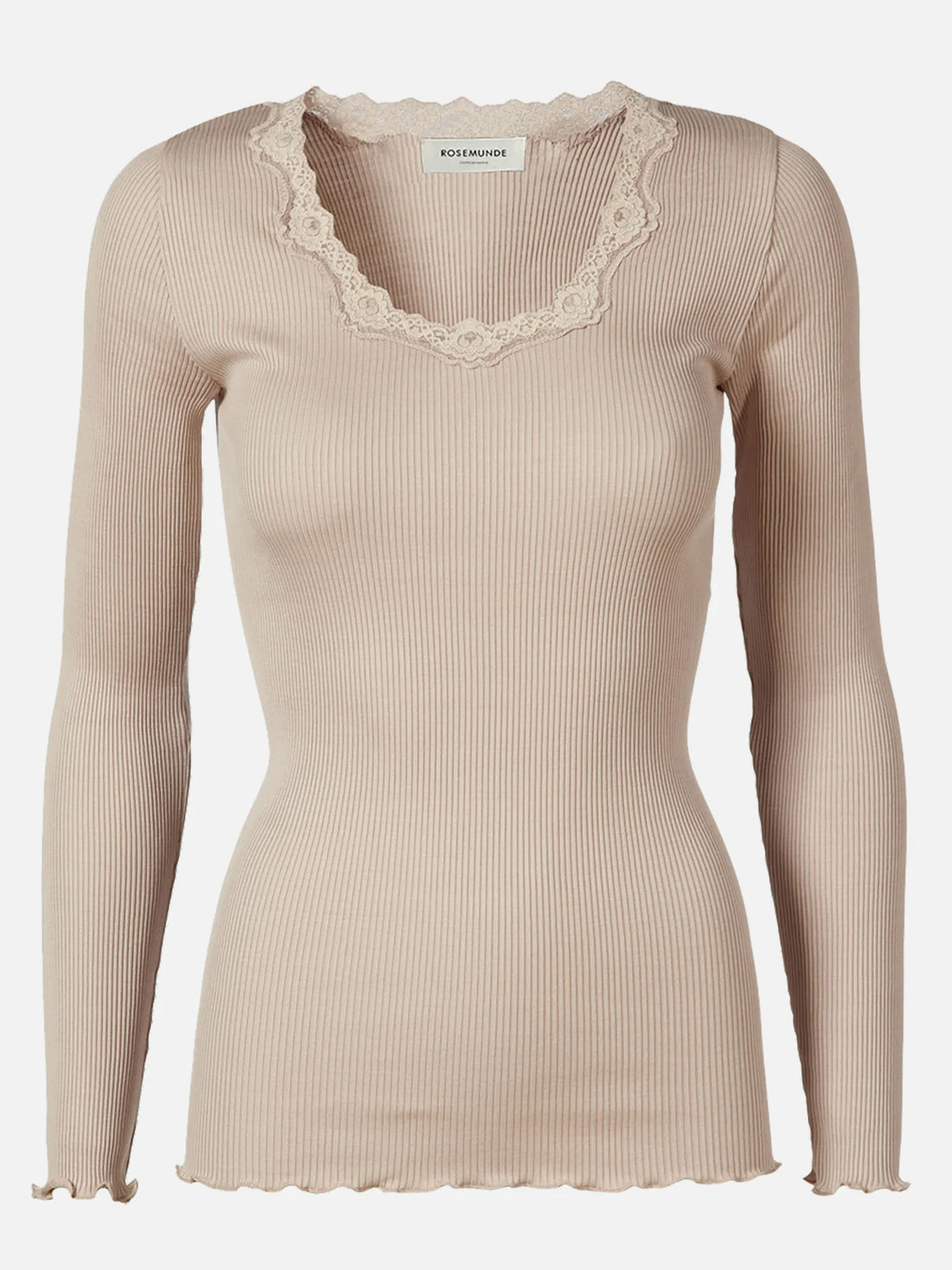 RWBabette Seiden-T-Shirt mit langem Arm und U-Ausschnitt aus Spitze