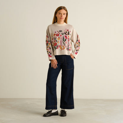 Sweater Limhamn Folk Flower Vanilla White