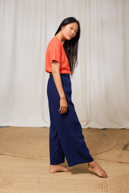 Leinenhose mit weitem Bein aus 100 % Leinen