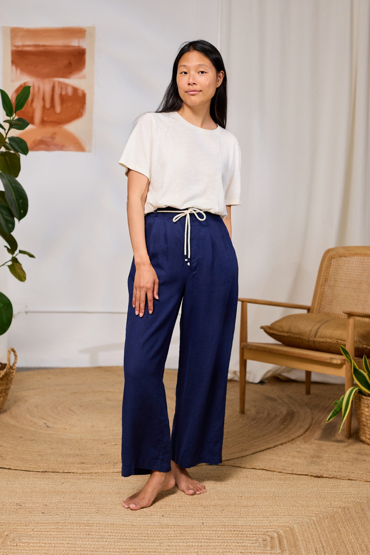 Leinenhose mit weitem Bein aus 100 % Leinen