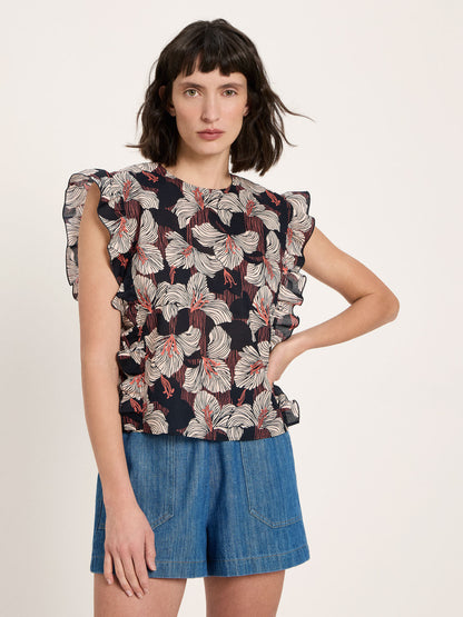 Blusenshirt mit Volant – Bloom Print Onyx