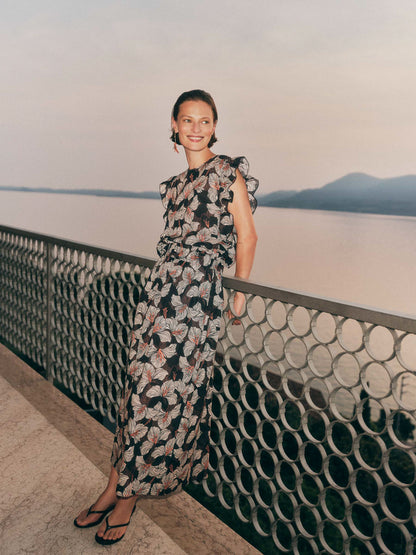 Blusenshirt mit Volant – Bloom Print Onyx