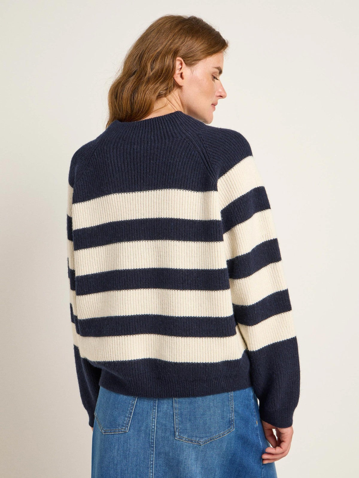 Streifenpullover GOTS aus Bio-Schurwolle und Bio-Baumwolle in Midnight Melange - off white