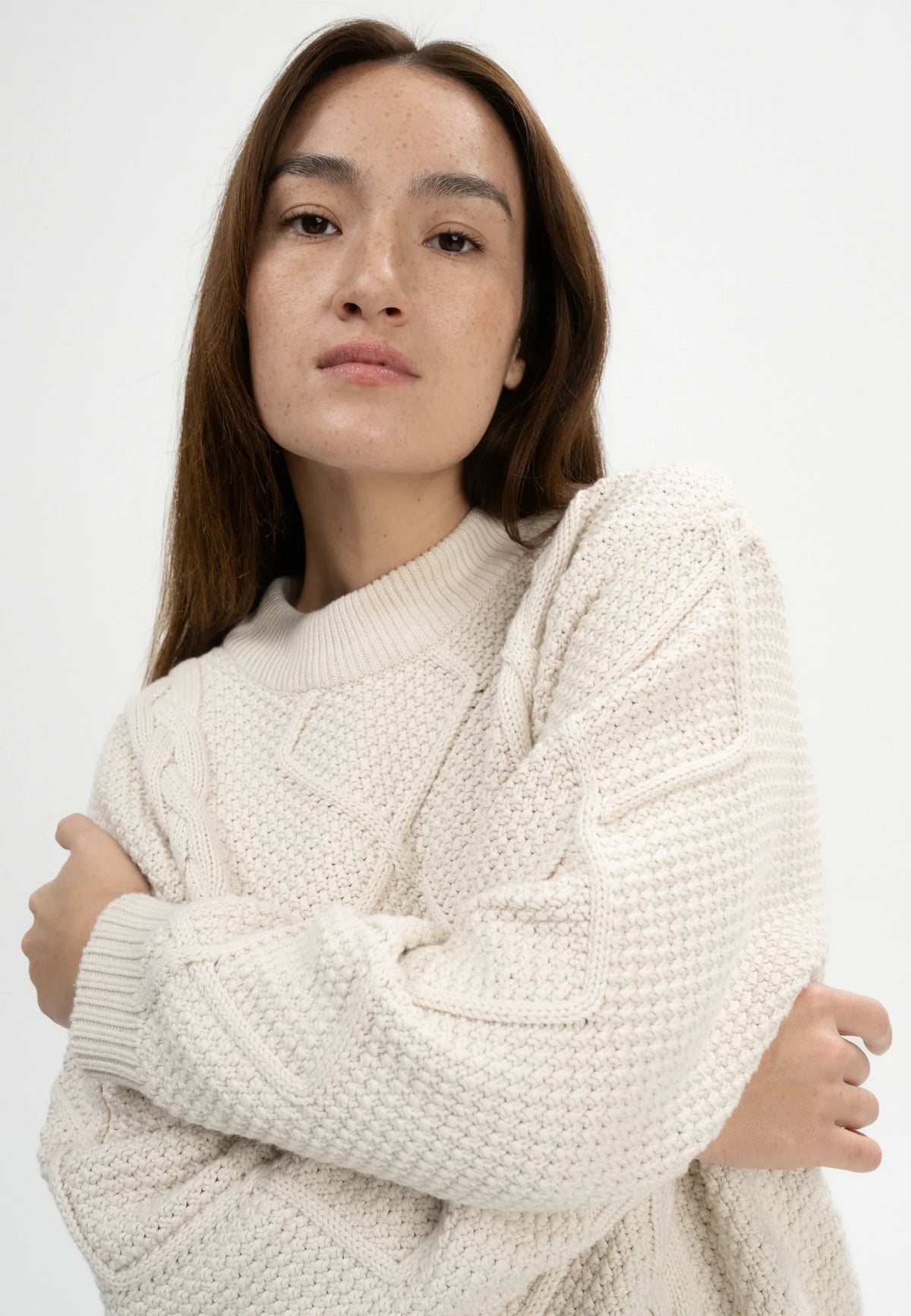 Damen Zopfmuster Strickpullover cream melange Style SAMAIRA