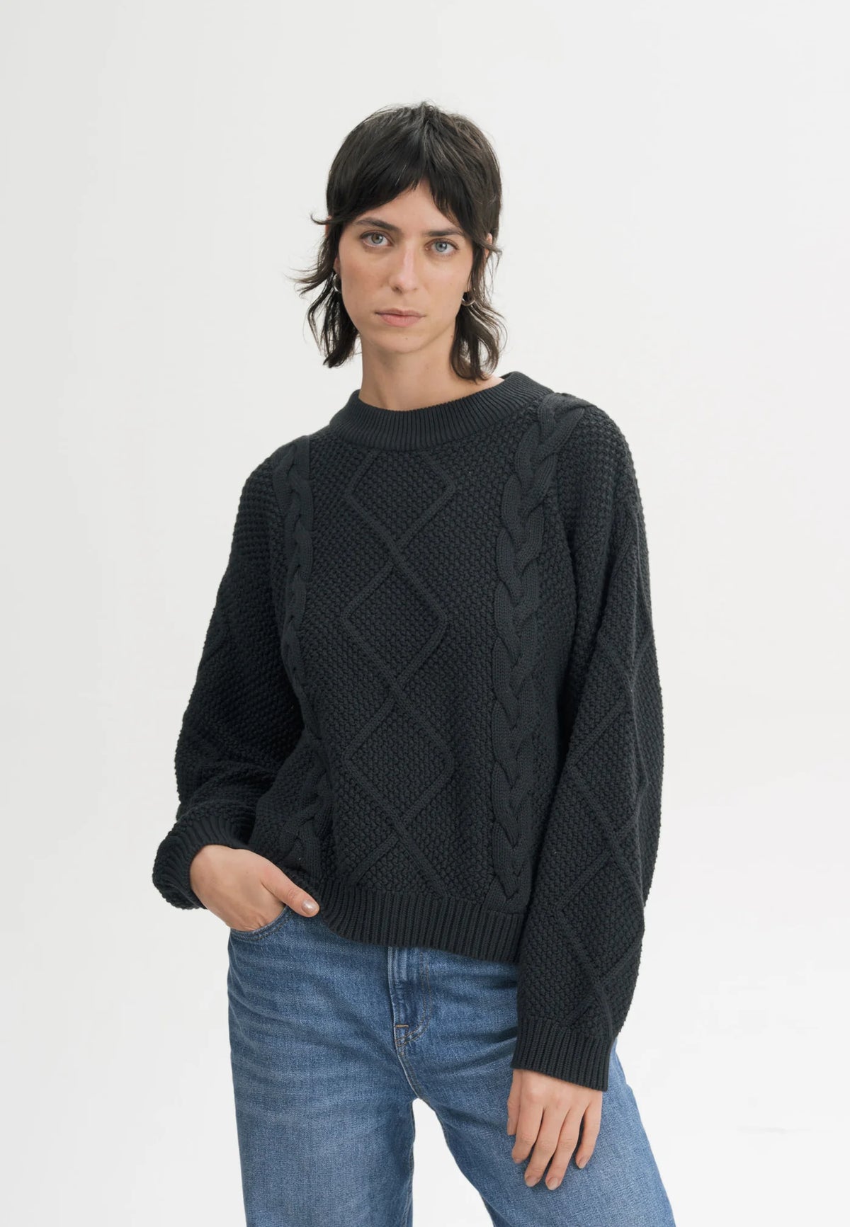 Damen Zopfmuster Strickpullover schwarz Style SAMAIRA