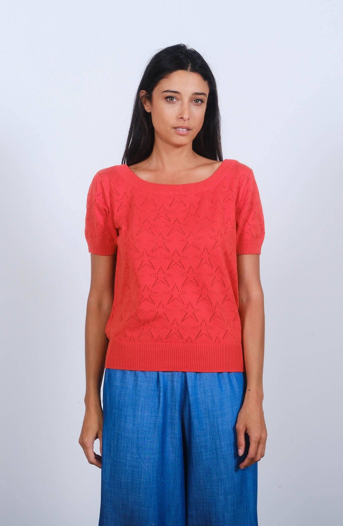 Star Pointelle Scoop Knit Spicy Orange