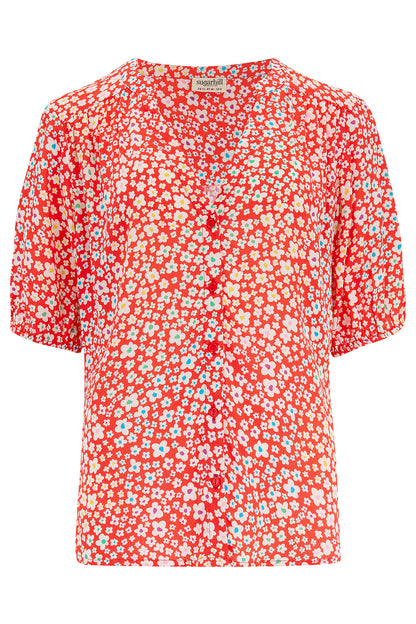 Bluse Connie mit buntem Gänseblümchen-Print auf rot