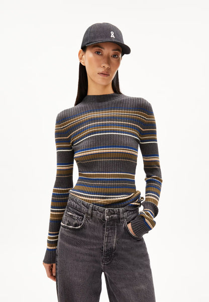 ALAANIA NEW STRIPES IN STEEL MELANGE - FADED INDIGO – PULLOVER SLIM FIT AUS BIO-BAUMWOLLE