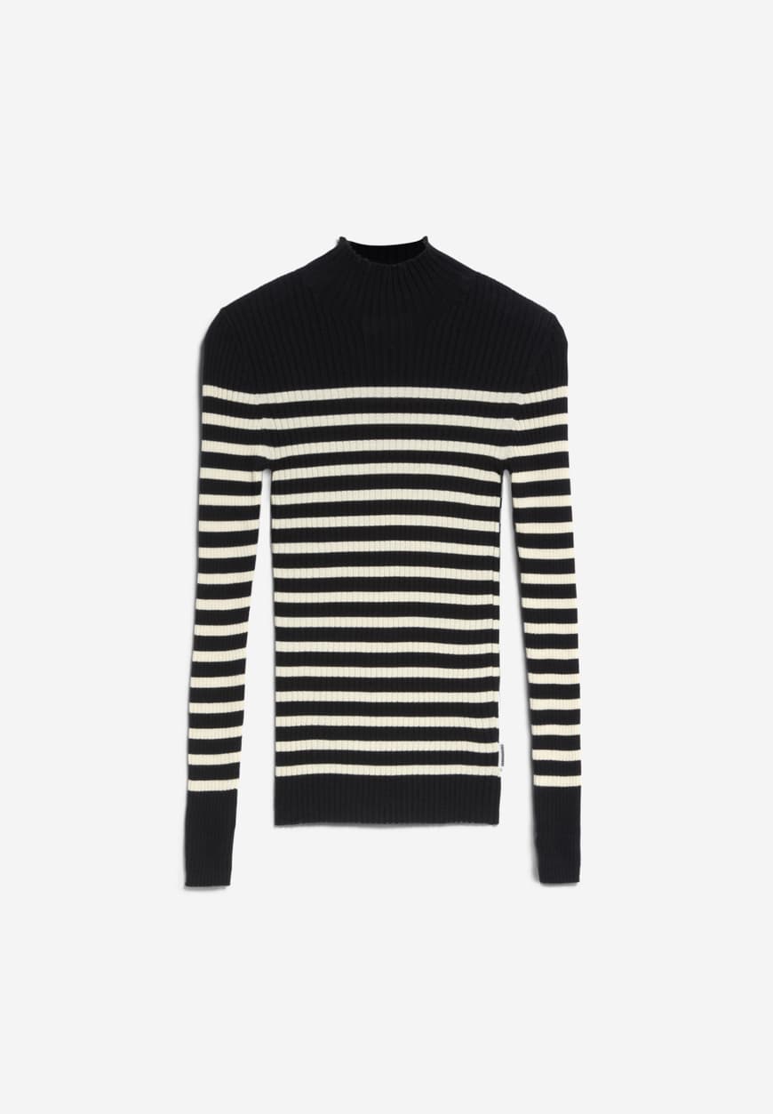 ALAANIA PLACED STRIPES in black-oatmilk – PULLOVER SLIM FIT AUS BIO-BAUMWOLLE