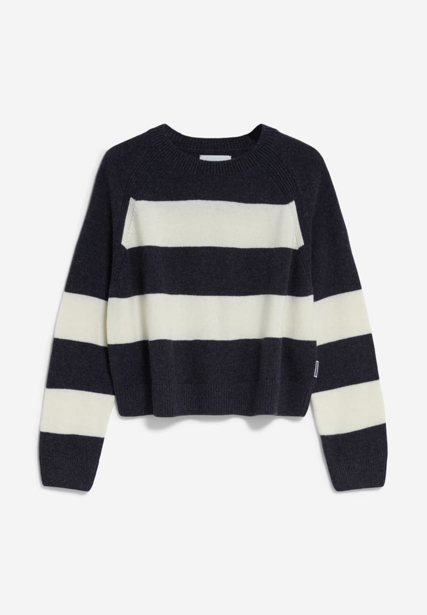 DILIRIAA STRIPES in steel melange-oatmilk – PULLOVER LOOSE FIT AUS BIO-WOLL MIX